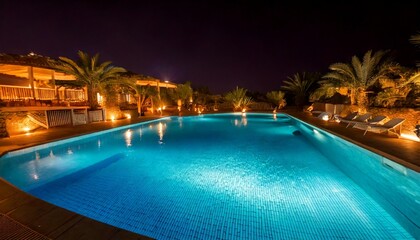 Nighttime pool scene features shimmering, glistening water under softly glowing ambient lights, creating a serene, peaceful atmosphere ideal for relaxation, swimming, or quiet evening gatherings besid