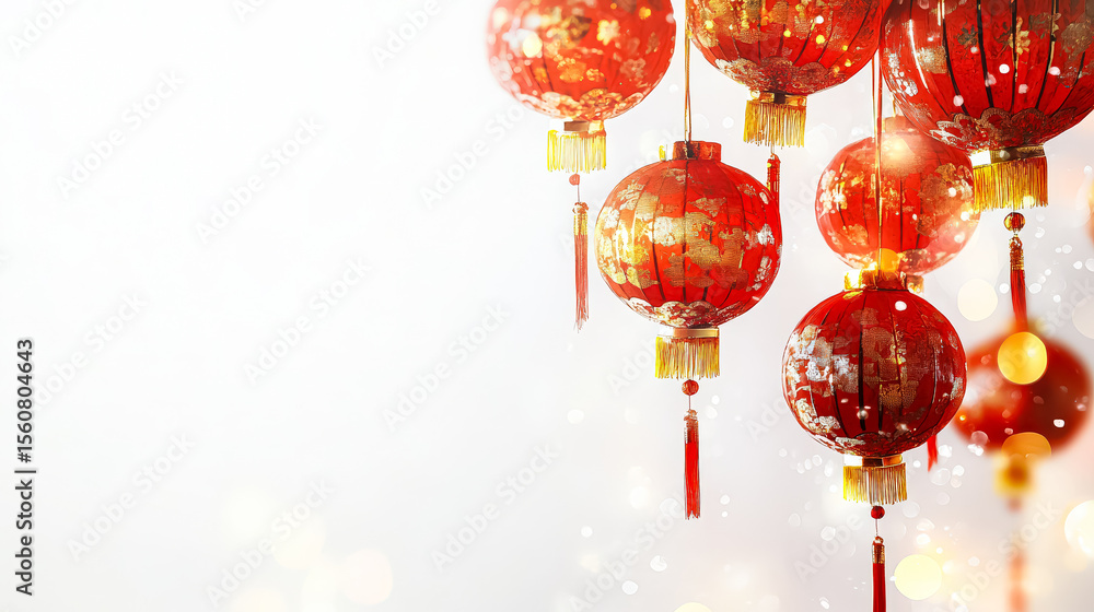 Poster bunch of red lanterns hanging from the ceiling. the lanterns are hanging in a row and are of differe