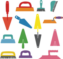 Construction Trowel Tools Collection: Colorful Equipment for Masonry, Plastering, Gardening, and Building Renovation Projects.