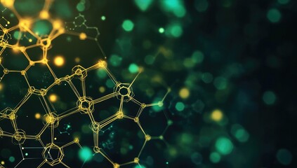 Abstract digital network of golden lines and points on a dark teal background.  Complex interconnected structures, like molecular or crystalline formations,  are highlighted by the golden lines.  