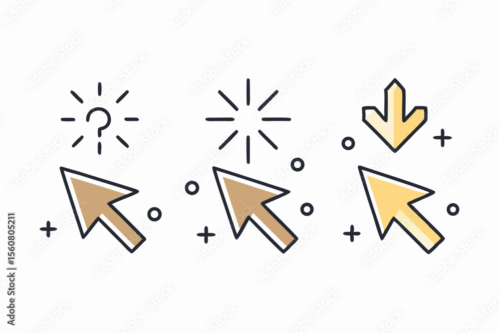 Leinwandbilder three cursor icons representing different actions like question search click and download