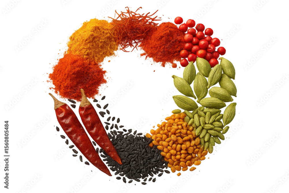 Poster assorted spices arranged in a circle isolated on transparent background, vibrant