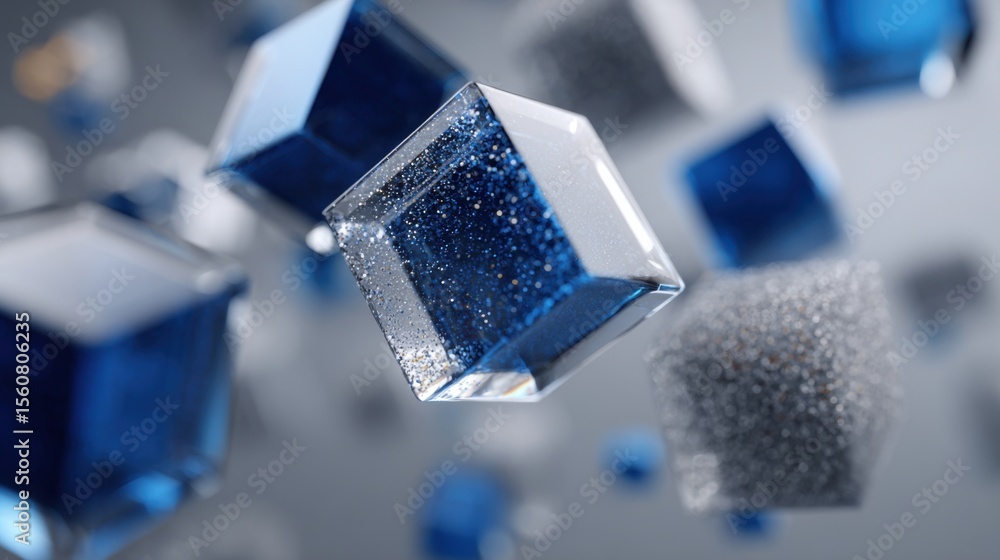 Poster floating cubes in various shades of blue and transparent material create a visually striking abstrac