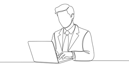 Black man working on a laptop in one line art style. Man drawing with editable stroke on white background. Vector illustration.