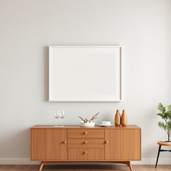 frame mockup for wall art photography dining room mockup textured plaster wall pastel tones mid century modern design 3d render print on demand decor home staging digital art display attractive visual