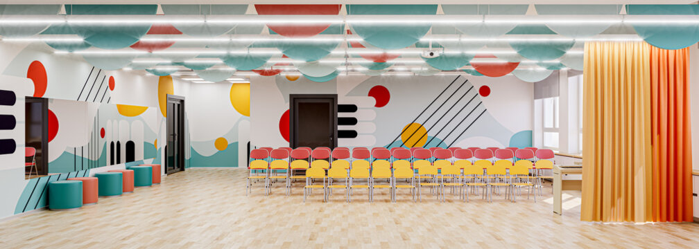 Modern school assembly hall interior. The auditorium room in the school or kindergarten. 3d render