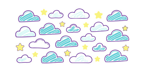 Handdrawn clouds stars in teal yellow with purple outlines on a vector
