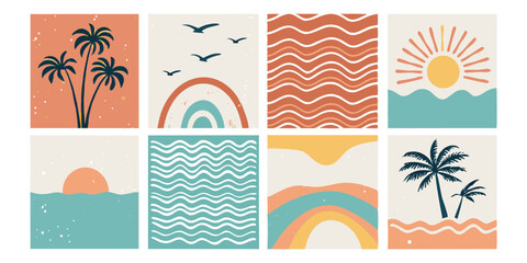 Obraz premium Tropical Vector Illustrations Set: Palm Trees, Sun, Waves, Rainbows, Birds