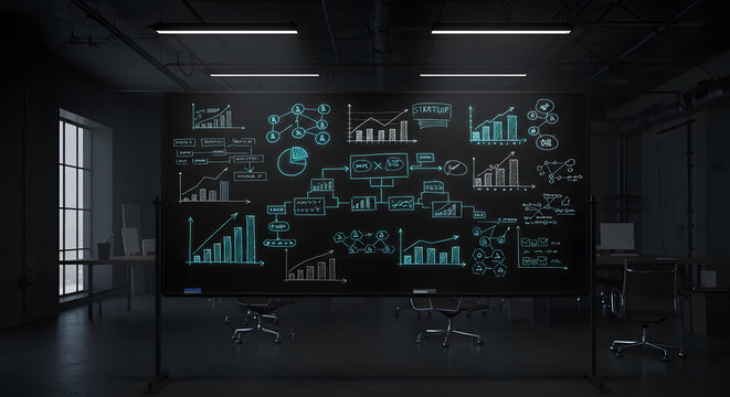 Dark office meeting room with large wall showcasing teal data visualizations and graphs.