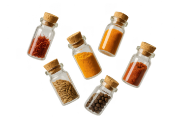 Assorted spices in glass bottles isolated on transparent background, colorful mix