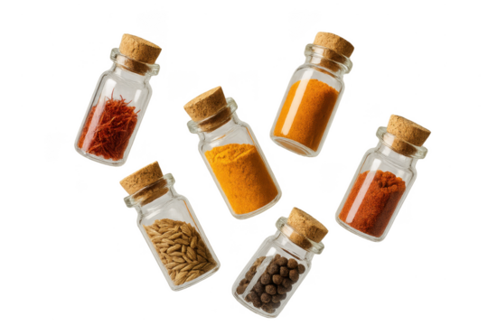 Assorted spices in glass bottles isolated on transparent background, colorful mix