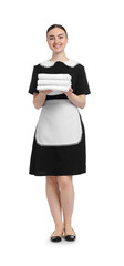 Chambermaid with stack of clean towels on white background