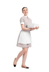 Chambermaid with stack of clean towels on white background