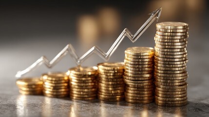 Stacked coins rise progressively, showcasing financial growth. An upward arrow made of transparent material adds emphasis to the increasing trend in wealth, set against a softly blurred background.