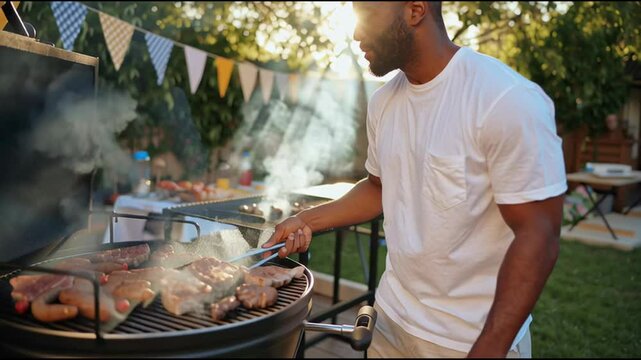 Relaxed man enjoying backyard barbecue outdoors with smoke and bokeh effect