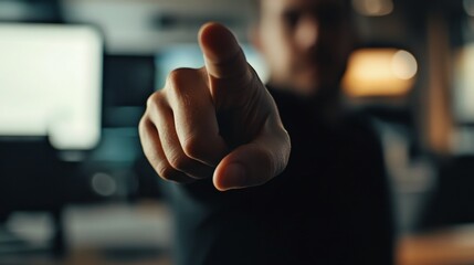 Businessman points finger toward the viewer indicating choice and making a decision in a modern technology setting.