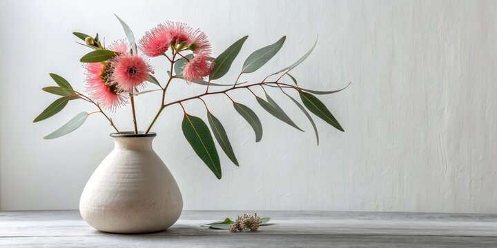 Pink Eucalyptus in Ceramic Vase Minimalist Still Life Photography, Eucalyptus, Still Life Photography