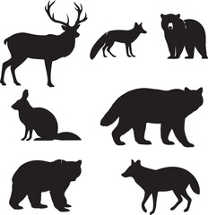 Fototapeta premium Collection of Wildlife Silhouettes Deer, Fox, Bear, and More