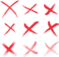 Collection of nine red brush stroke of x marks and crosses isolated on transparent background