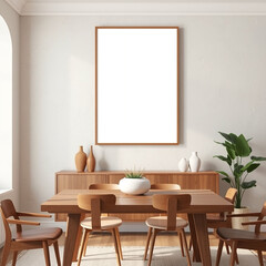 mockup of empty framed wall art in dining room showcasing mid-century modern design with textured pastel plaster wall above buffet for print on demand high quality interior decor image