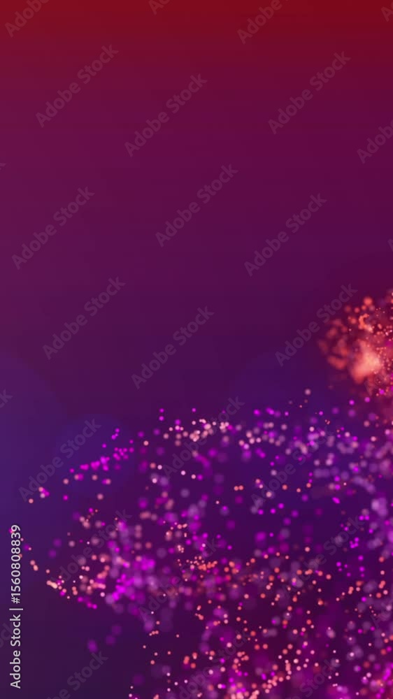 Poster animation of pink and red particle cloud and red light moving on purple background