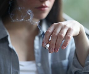 Woman smoking cigarette indoors, selective focus. Bad habit