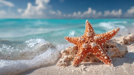 A starfish rests on the sandy shore, surrounded by light waves lapping at the beach. The clear turquoise water shines under a bright midday sun, creating a serene coastal atmosphere.