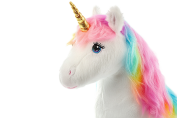 Colorful unicorn plush toy on a white background