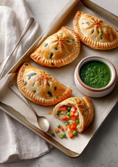 Golden baked vegetarian empanadas with fresh vegetable filling and herb sauce