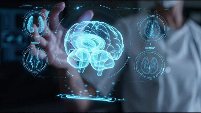 A holographic representation of a brain is actively analyzed by an AI doctor, showcasing advanced diagnostics technology in a modern healthcare setting