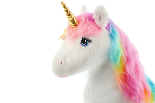 Colorful unicorn plush toy on a white background