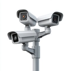Three White Security Cameras on Grey Pole Outdoor Surveillance System