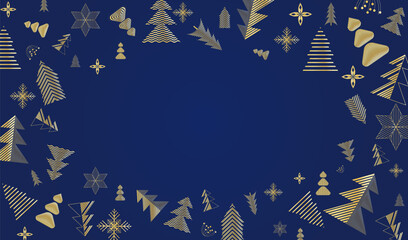 December happy holiday template for advertising, web, social media, web. Blue banner, background, poster, card, layout with golden  Christmas Tree,  New Year snowflake, holy stars  typography design.