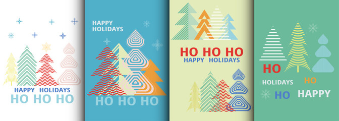 Christmas Tree greeting cards background, banner, flyer. Happy holidays posters  frame typography design. Set Template for advertising, web, social media, web