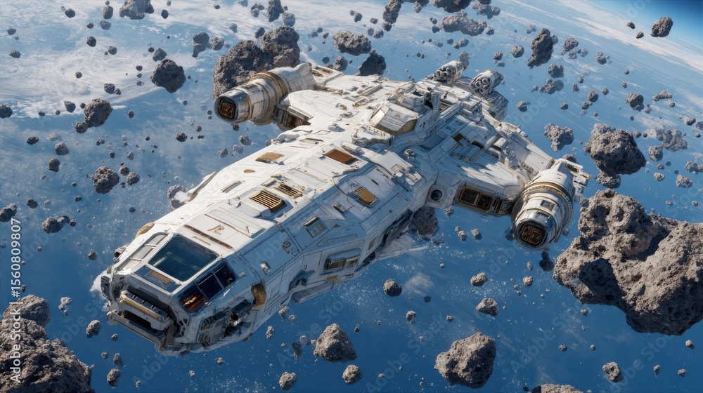 Aufkleber a futuristic spacecraft navigates through an asteroid belt in deep space, surrounded by floating roc