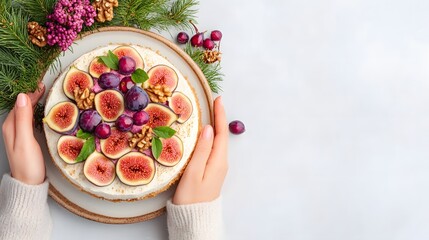 Fig cake with nuts and grapes, Overhead hands holding festive dessert, Holiday celebration bakery, Fresh fruit topping, Elegant food, Top view, Modern minimal styling

