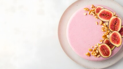 Pink mousse with figs and nuts, Elegant fruit dessert on white plate, Gourmet modern food, Minimal presentation, Healthy snack, Stylish pastel design, Copy space for text

