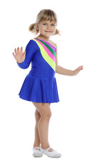 Cute little girl dancing on white background