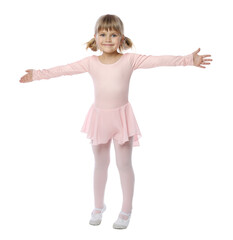 Cute little girl dancing on white background