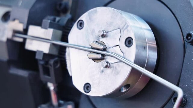 CNC bending machine bends steel wire to form a curved part. Wire bending machine. Automated CNC machine bends metal rod accurately in modern industrial manufacturing process