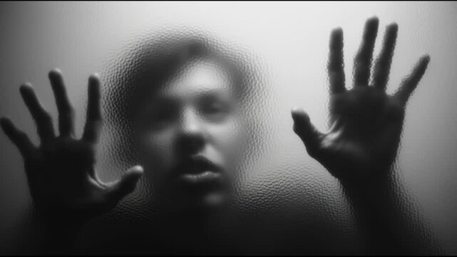 Hands reach out against a blurred, fogged surface, conveying emotions of confinement and a struggle for freedom. The stark black-and-white contrast emphasizes urgency and intensity