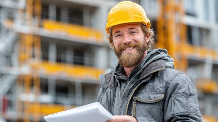 A construction worker smiles while holding building plans outdoors. The background shows scaffolding and ongoing construction, with cloudy skies overhead.
