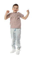 Happy little boy dancing on white background
