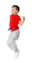 Happy little boy dancing on white background