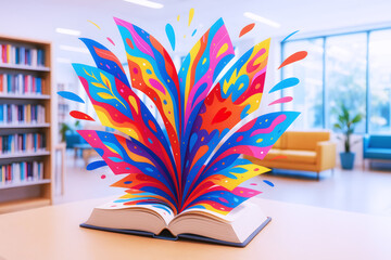 Open book on table with vivid abstract shapes emerging, digital art style, bright modern library interior, concept of imagination and creativity