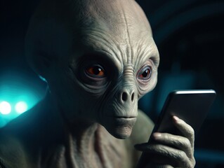 A classic-looking alien of a grayish-greenish hue, with a large head and no hair, is looking at a smartphone. Close-up, selected focus. Alien looking at smartphone