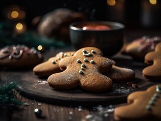A few smiley cookies gingerbread men on the wooden table. Original delicious gingerbread bakery. Cozy Christmas atmosphere, magical lights and fir tree. Christmas Eve