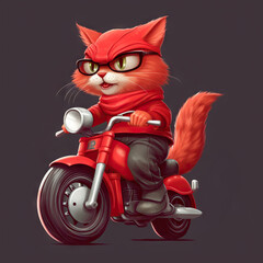 A red cartoon cat wearing sunglasses and a scarf rides a motorcycle. The cat's raised fluffy tail and its confident gaze emphasize the spirit of freedom and independence