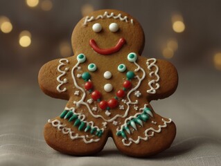 One gingerbread man. Traditional original cookie decorated with colored icing. Delicious gingerbread bakery, character from the Christmas fairy tale. Positive emotions, Christmas spirit