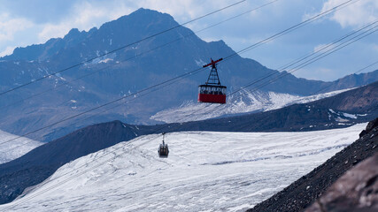 Mountain autumn landscape, Elbrus ski resort, view of the ski lifts